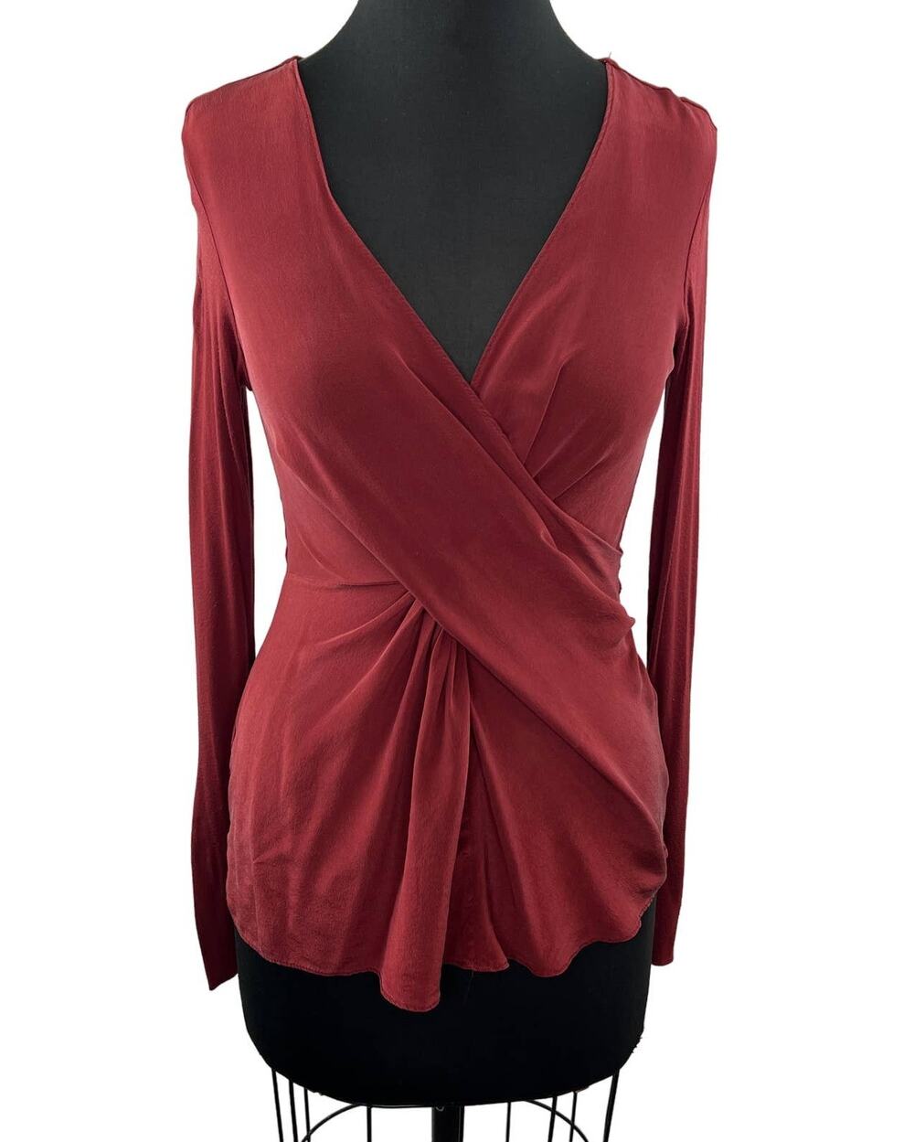 Bailey 44 Waterfall Top Burgundy Red V-Neck Long Sleeve Blouse Silk Jersey XS